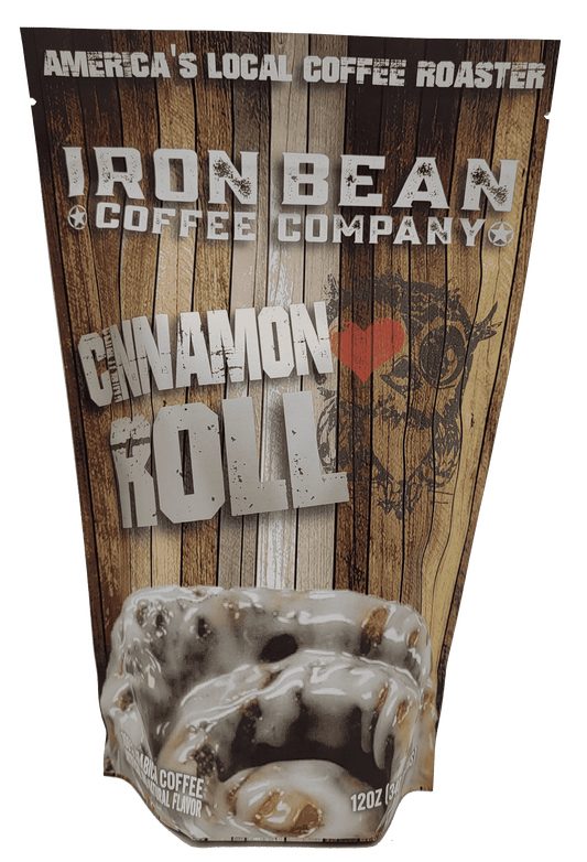 Cinnamon roll flavored coffee bag, 12 oz, with coffee and cinnamon roll design