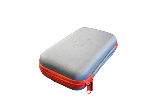 Compact first aid kit case with gray top and red zipper, curved for easy storage.