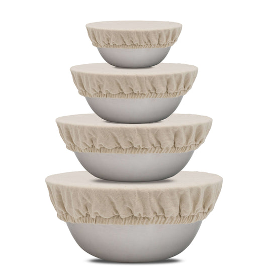 Off-white linen bowl covers set with gathered elastic edges