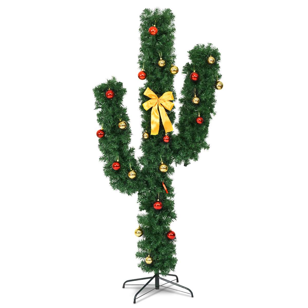 Green artificial cactus Christmas tree decorated with red and gold ornaments and a yellow bow