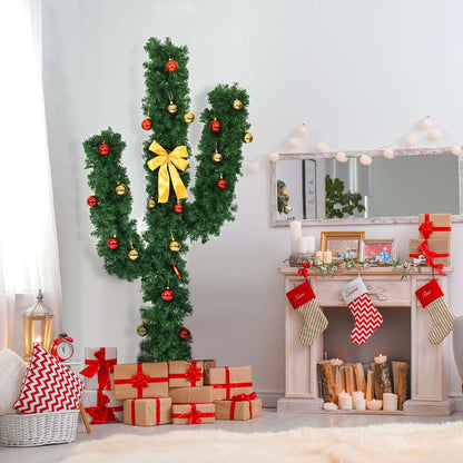 Cactus-shaped Christmas tree decorated with red and gold baubles and a yellow bow