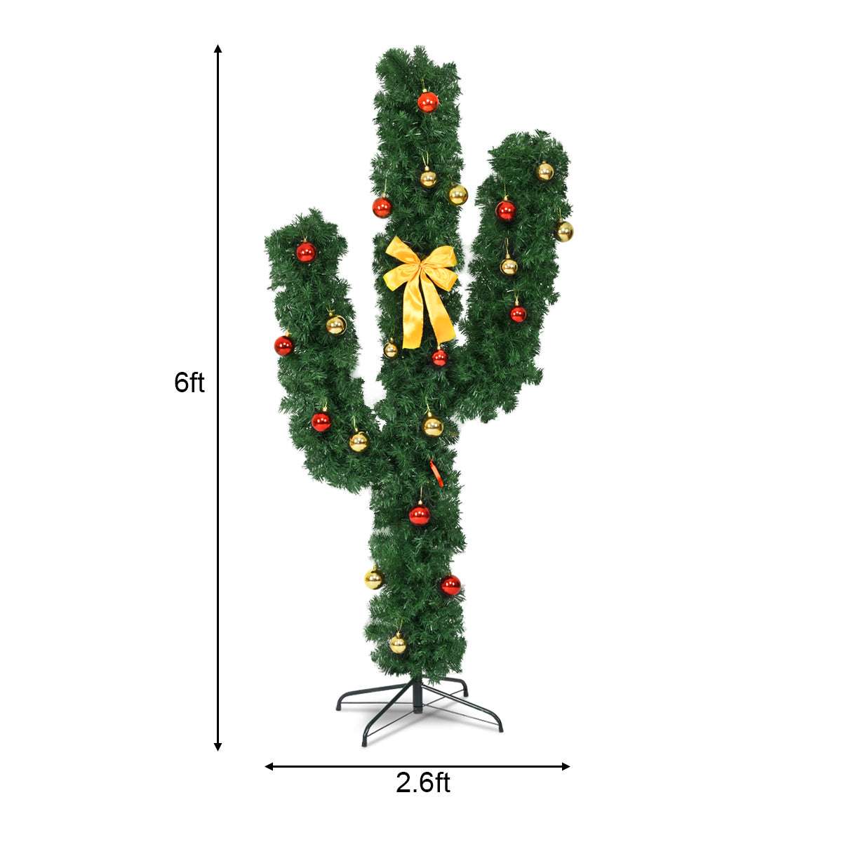 Six-foot cactus-shaped Christmas tree with ornaments and metal stand
