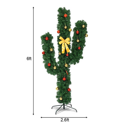Six-foot cactus-shaped Christmas tree with ornaments and metal stand