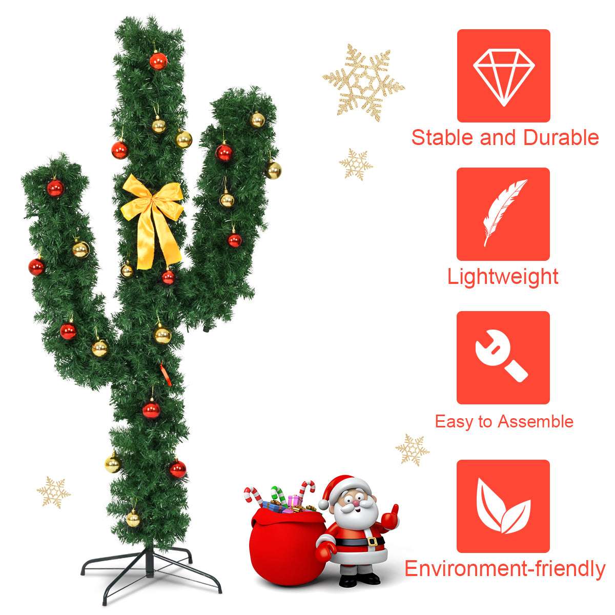 Artificial cactus Christmas tree with ornaments, bow, and metal stand