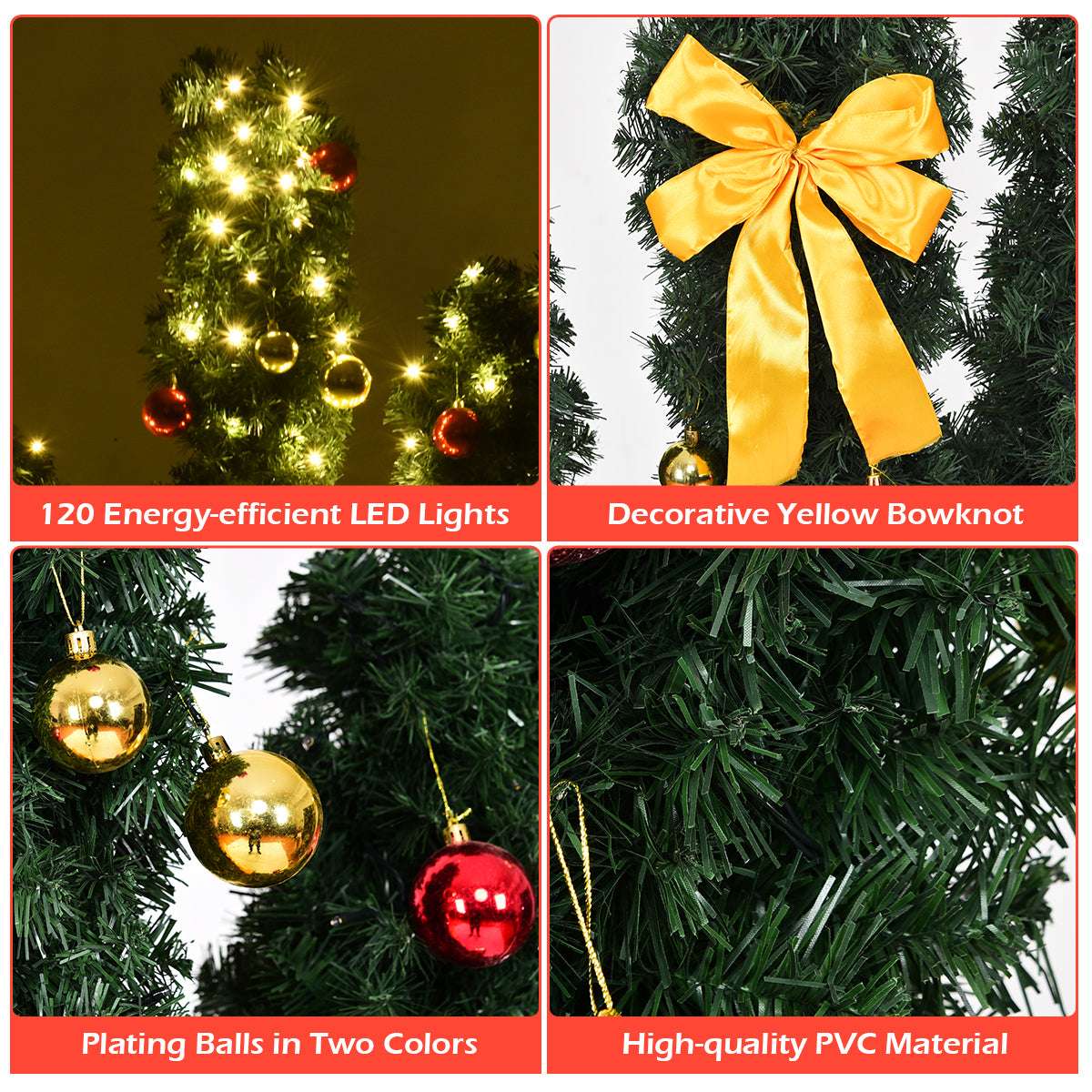 Cactus Christmas tree details with LED lights, yellow bow, baubles, and PVC needles