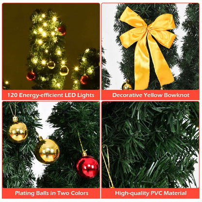 Cactus Christmas tree details with LED lights, yellow bow, baubles, and PVC needles