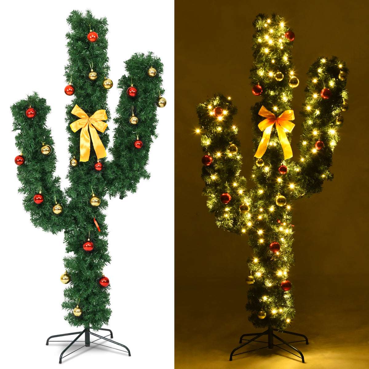 Cactus Christmas tree shown unlit and lit, with ornaments and yellow bow