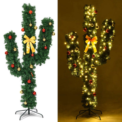 Cactus Christmas tree shown unlit and lit, with ornaments and yellow bow