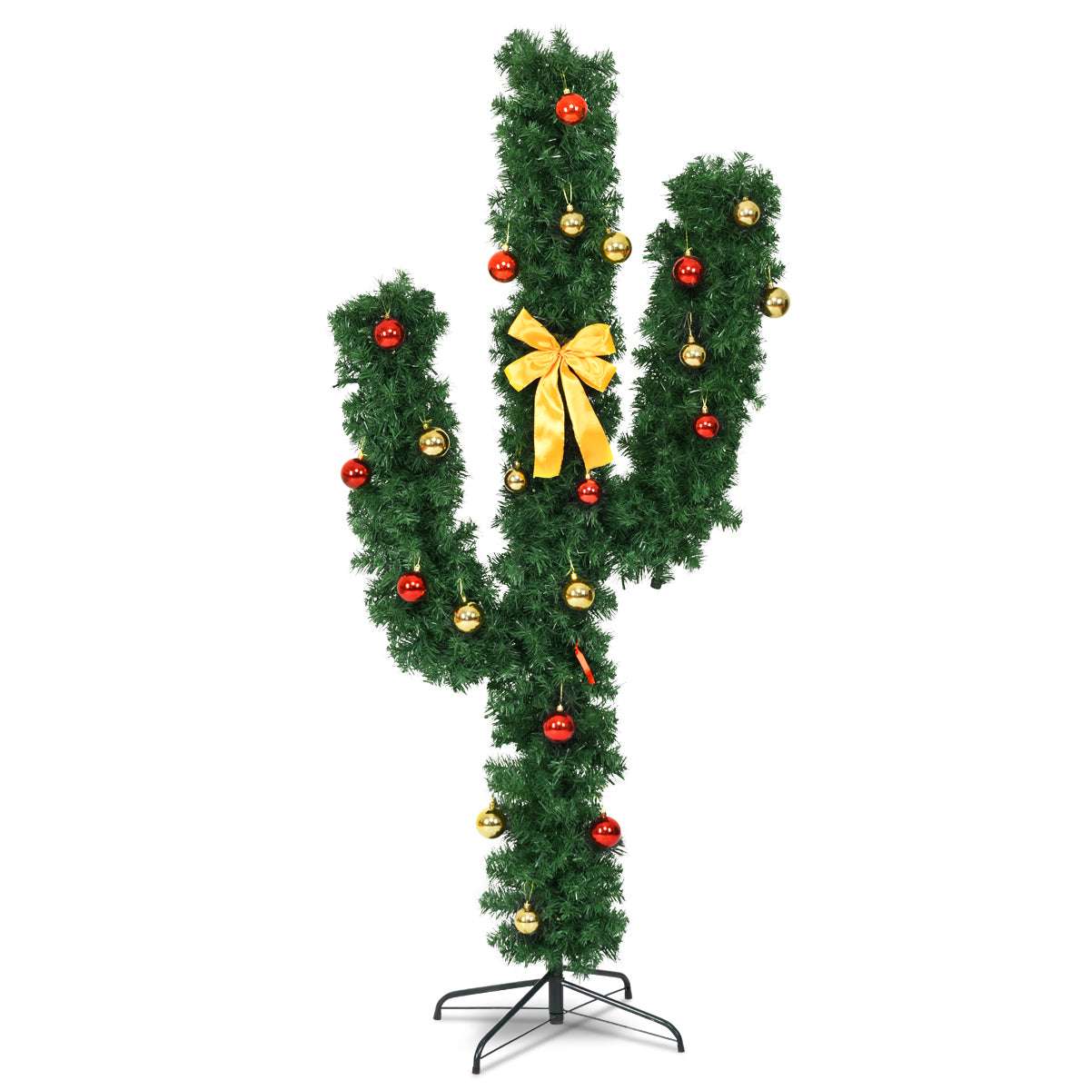 Green cactus Christmas tree with ornaments, yellow bow, and metal stand
