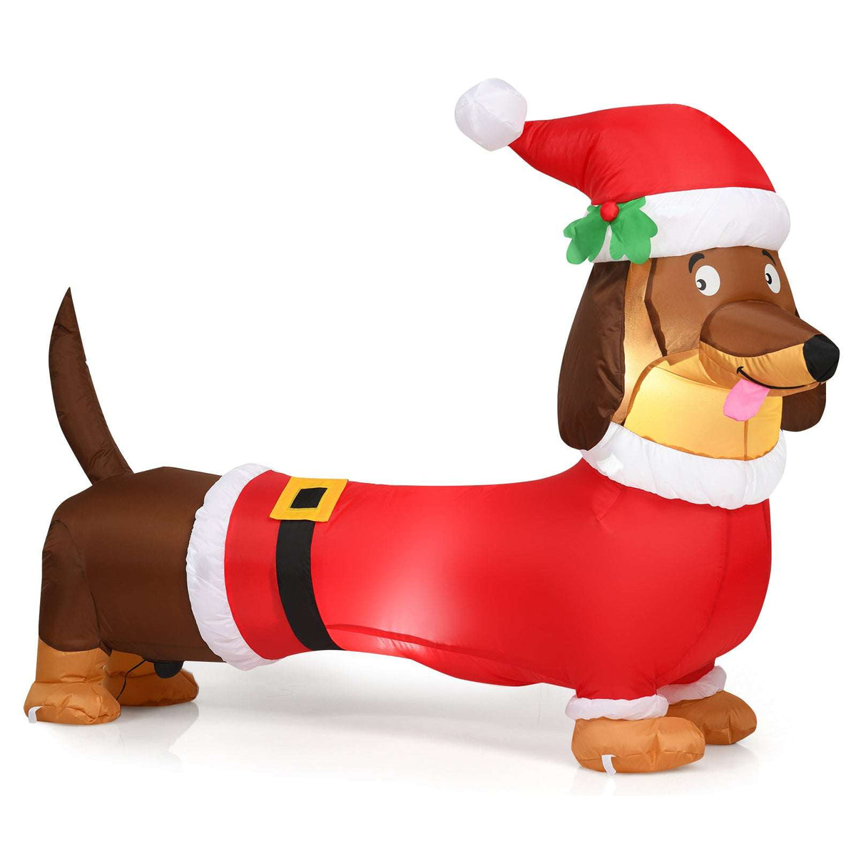 Inflatable Christmas dog in a red Santa suit, shown from the side