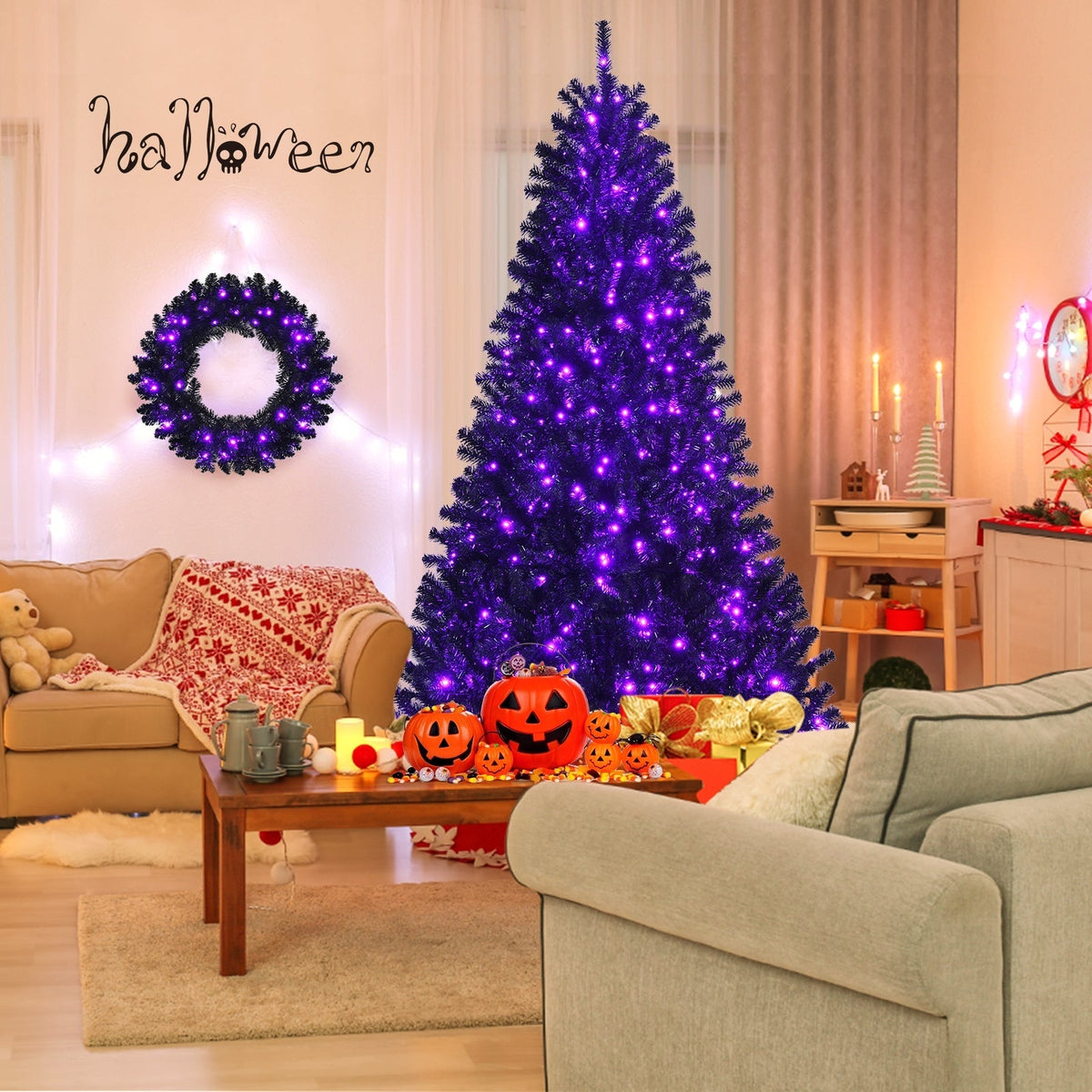 24" Pre-lit Halloween Wreath with 35 Purple LED Lights