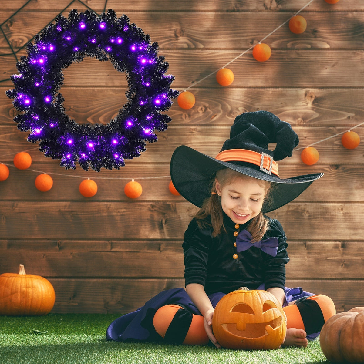 24" Pre-lit Halloween Wreath with 35 Purple LED Lights