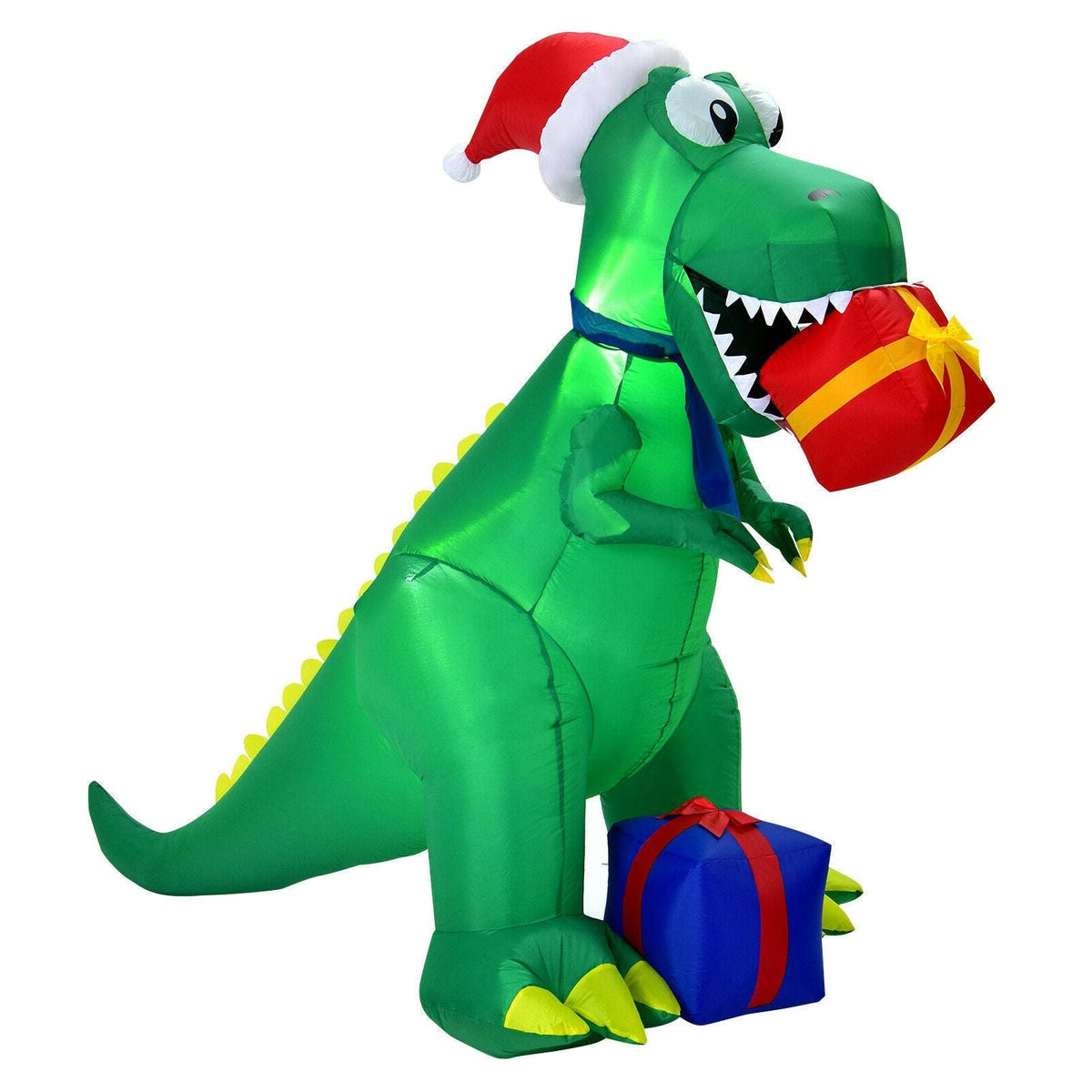 Green Christmas inflatable dinosaur wearing a Santa hat and holding a red gift and blue present