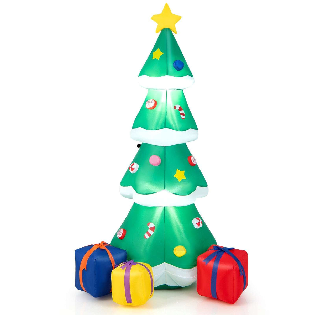 Inflatable green Christmas tree with white trim, colorful ornaments, star and three gift boxes