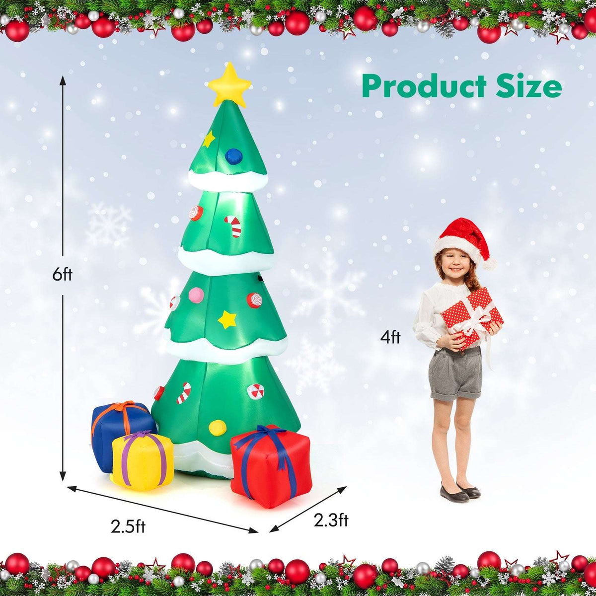 Six-foot inflatable Christmas tree with star and gift boxes; size diagram shows 2.5-foot width