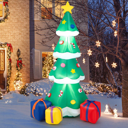 Inflatable green Christmas tree with white trim, colorful ornaments, yellow star and three gift boxes