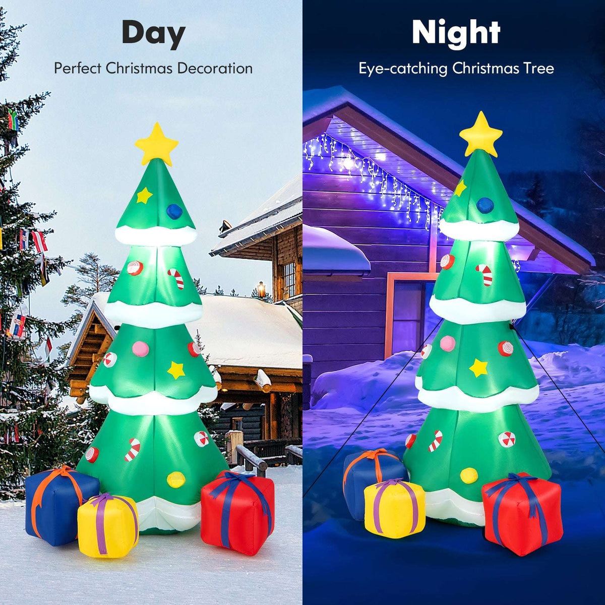 Inflatable Christmas tree with star, ornaments and gift boxes shown by day and illuminated at night