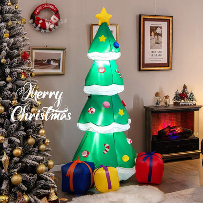 Inflatable green Christmas tree with white trim, colorful ornaments, star and three gift boxes