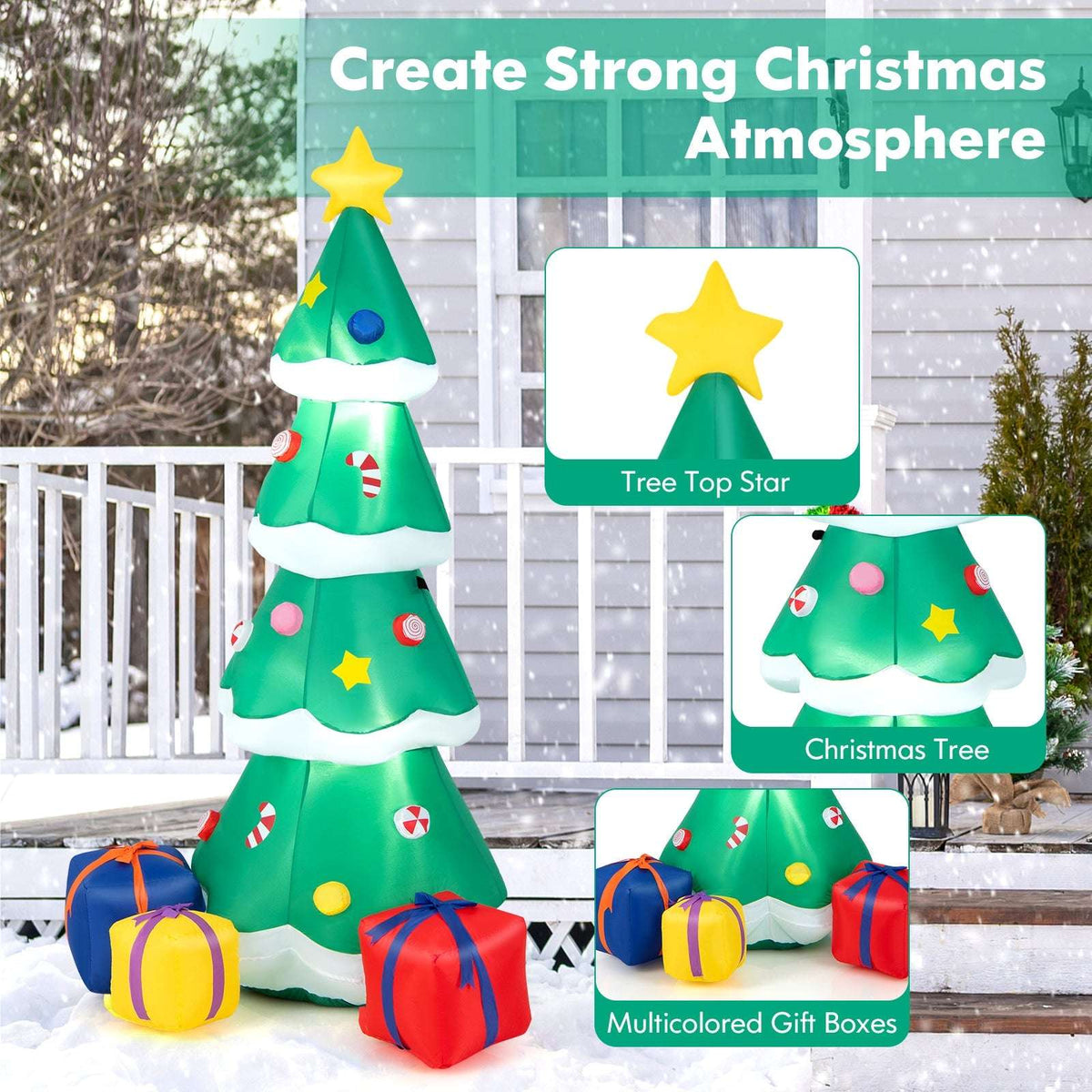 Inflatable Christmas tree with yellow star, colorful ornaments and multicolored gift boxes