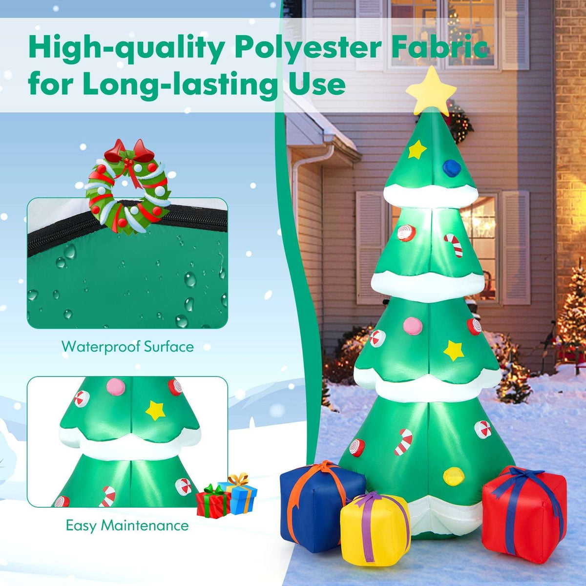 Polyester inflatable Christmas tree with ornaments, star and gift boxes; detail shows waterproof fabric