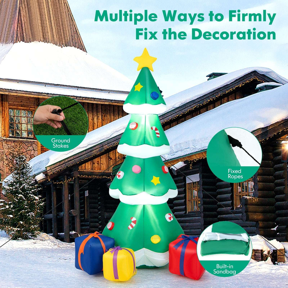 Inflatable Christmas tree with star, ornaments and gift boxes; detail shows ground stakes and securing ropes