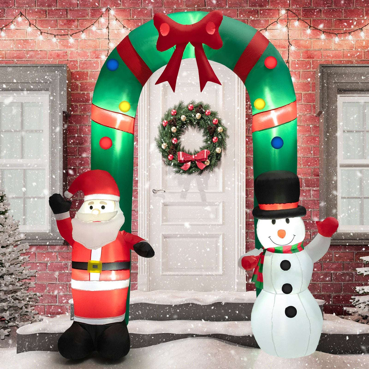 8-foot Christmas inflatable archway with Santa, snowman, colored lights and red bow