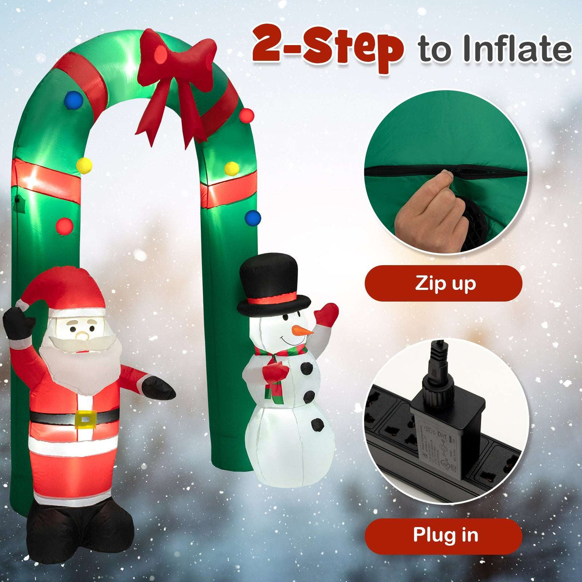 Christmas inflatable arch with Santa and snowman; instructions show zipper and power plug