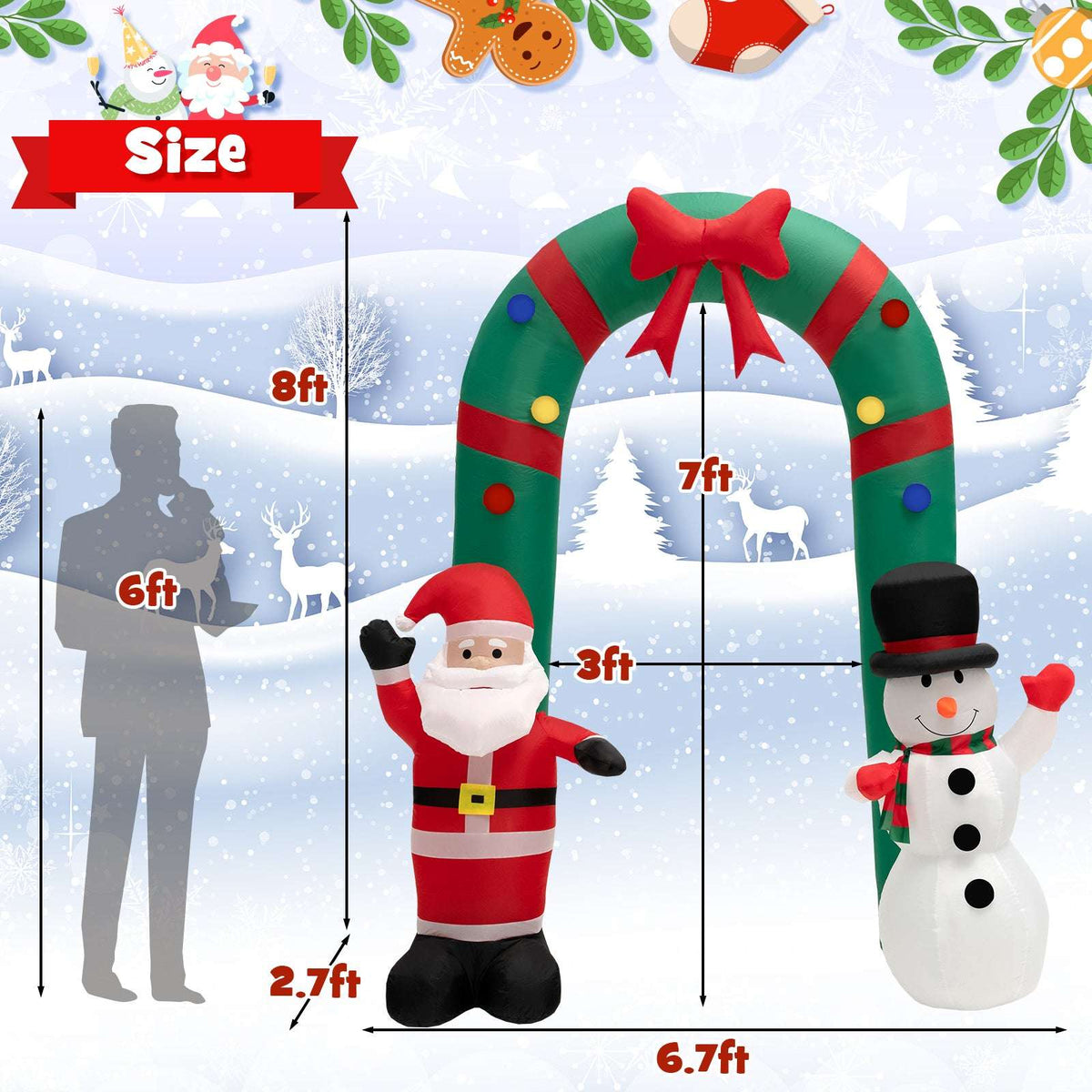 Christmas inflatable archway with Santa and snowman, size diagram shows 8-foot height