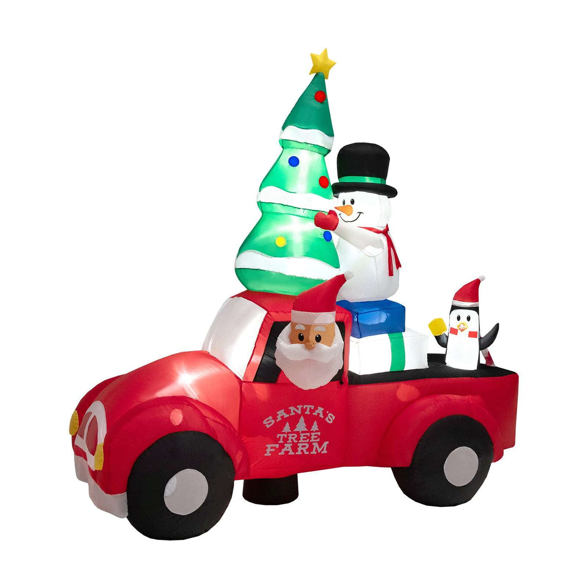 Inflatable red pickup with Santa, Christmas tree, snowman and penguin figures.
