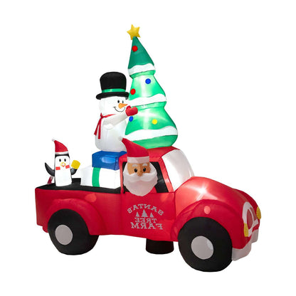 Inflatable Christmas pickup, rear-facing view, with Santa, tree, snowman and penguin.
