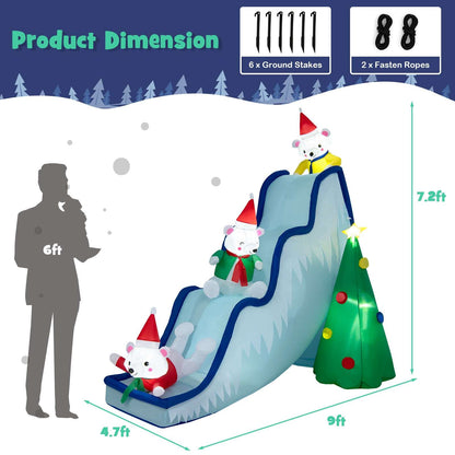Inflatable polar bear slide with LED lights; diagram shows 9 ft length and 7.2 ft height