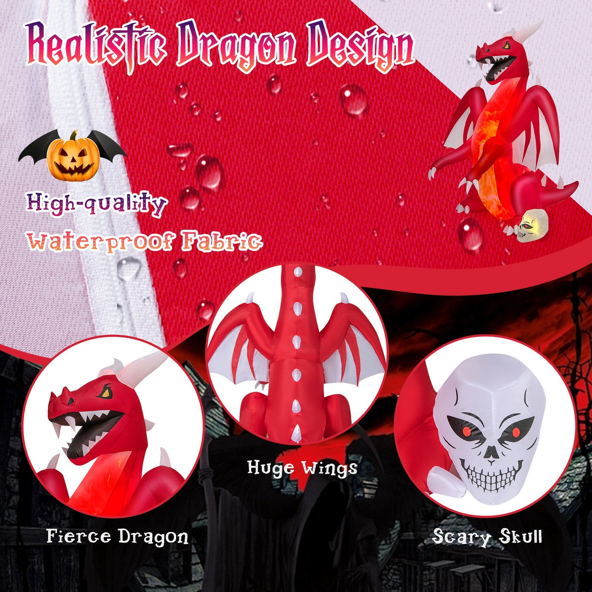 8 Feet Halloween Inflatable Red Dragon with Wings & Skull