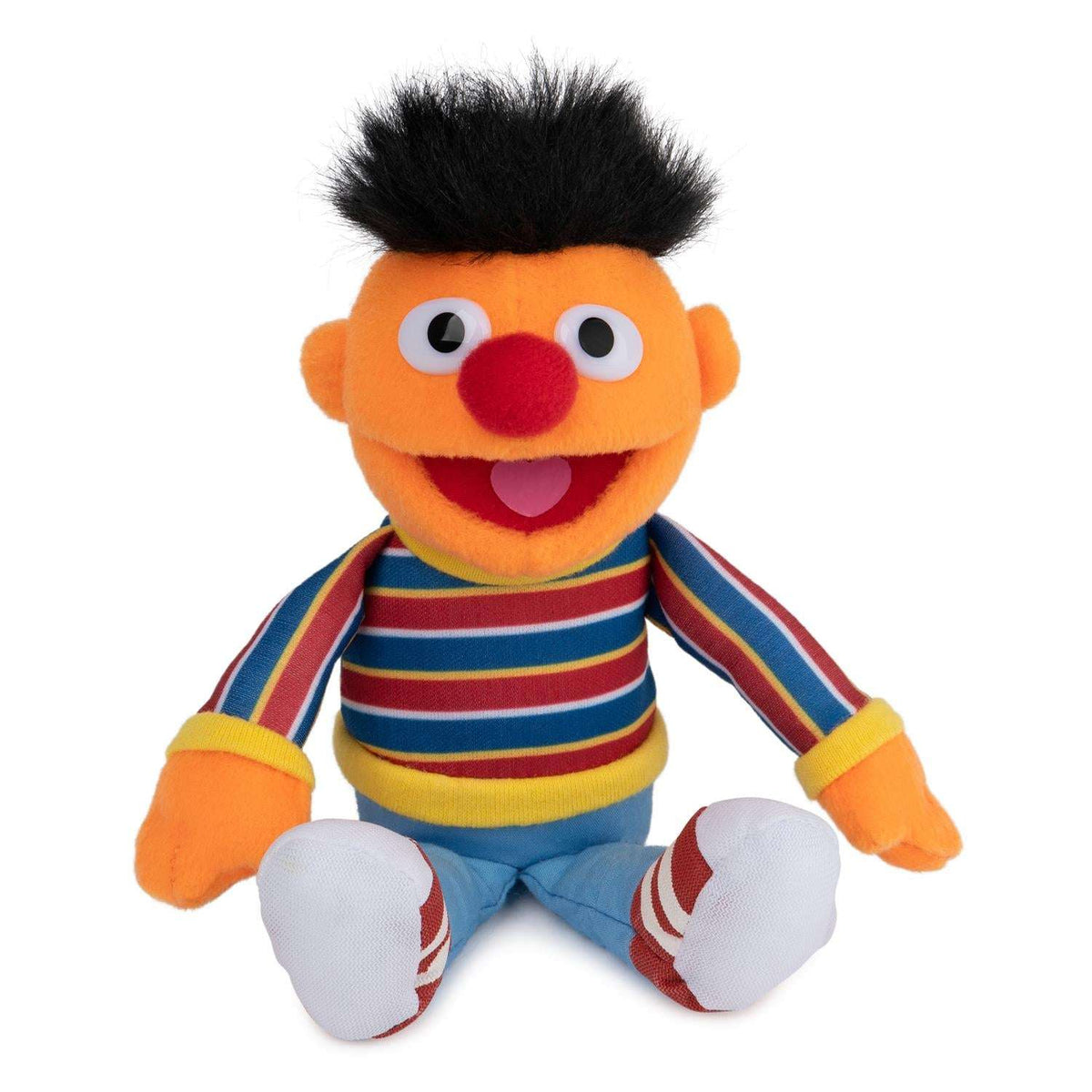 Sesame Street Ernie beanbag plush with orange fur, striped shirt, blue pants, and red nose