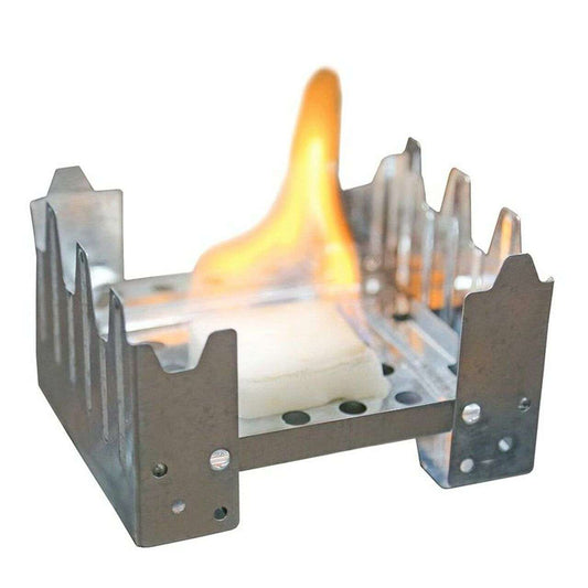 Folding camping stove with visible flame, open steel burner stand