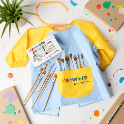 Mess-Free Kids Paint Bundle – All-Natural Finger Paint, Water-Repellent Art Smock & 8-Piece Brush Set | Ages 3-6