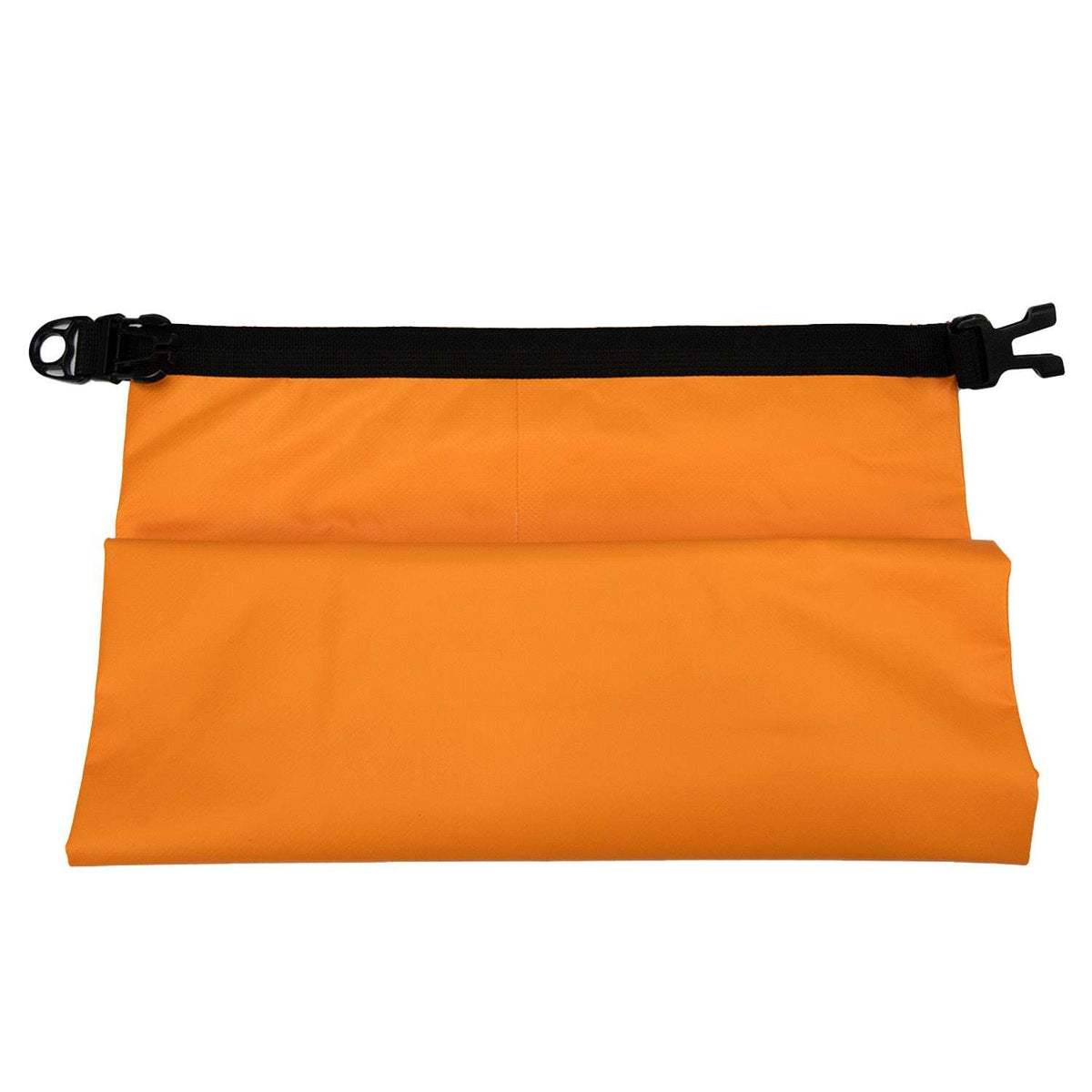 Orange waterproof dry bag with black closure strap across the top