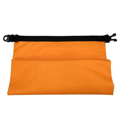 Orange waterproof dry bag with black closure strap across the top