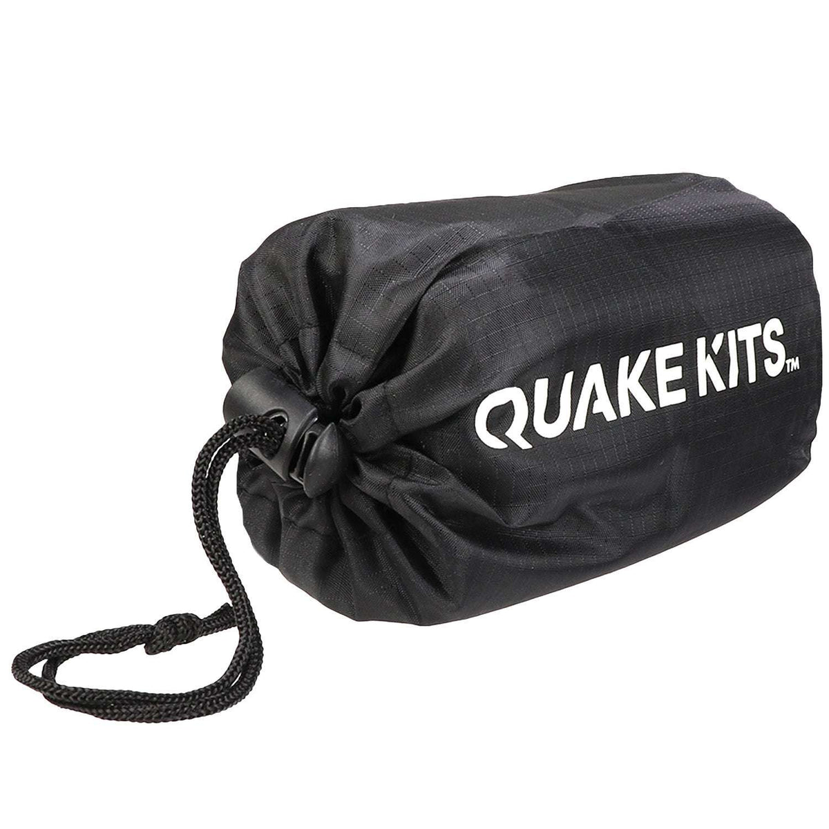 Quake Kits emergency bivvy sleeping bag, black rolled blanket with rope handle