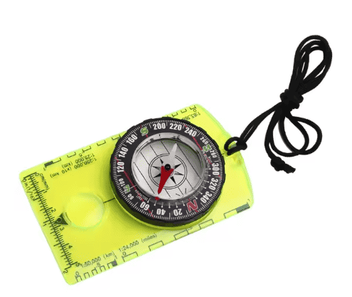 Neon yellow compass with red needle, integrated ruler edge, black cord lanyard