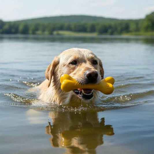 Dog playing with a yellow rubber bone chew toy floating in a body of water
