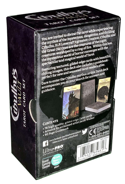 Cthulhu’s Vault tarot card set box back, with description text and contents panel