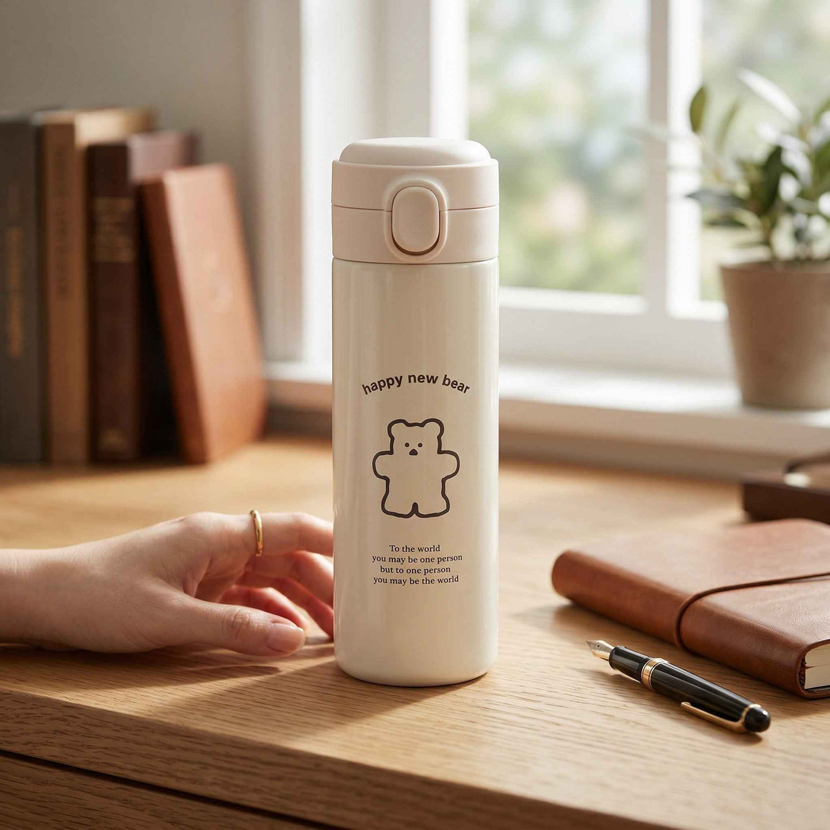 Kawaii Bear Travel Flask – Vacuum Insulated Tumbler with Flip-Top Lid