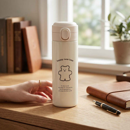 Kawaii Bear Travel Flask – Vacuum Insulated Tumbler with Flip-Top Lid