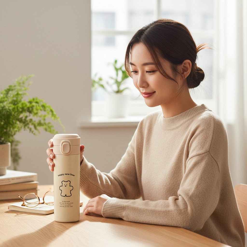 Kawaii Bear Travel Flask – Vacuum Insulated Tumbler with Flip-Top Lid