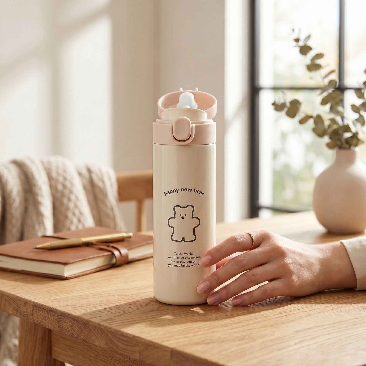 Kawaii Bear Travel Flask – Vacuum Insulated Tumbler with Flip-Top Lid
