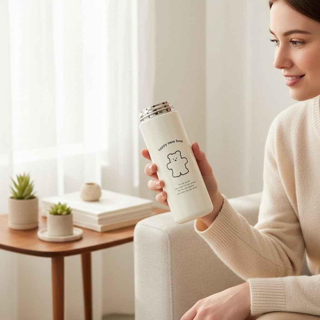 Kawaii Bear Travel Flask – Vacuum Insulated Tumbler with Flip-Top Lid