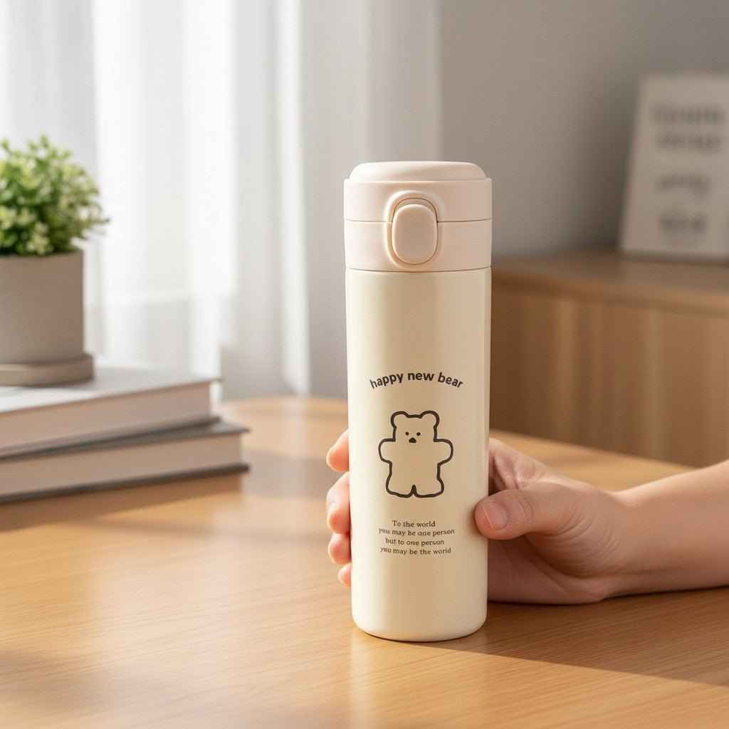 Kawaii Bear Travel Flask – Vacuum Insulated Tumbler with Flip-Top Lid