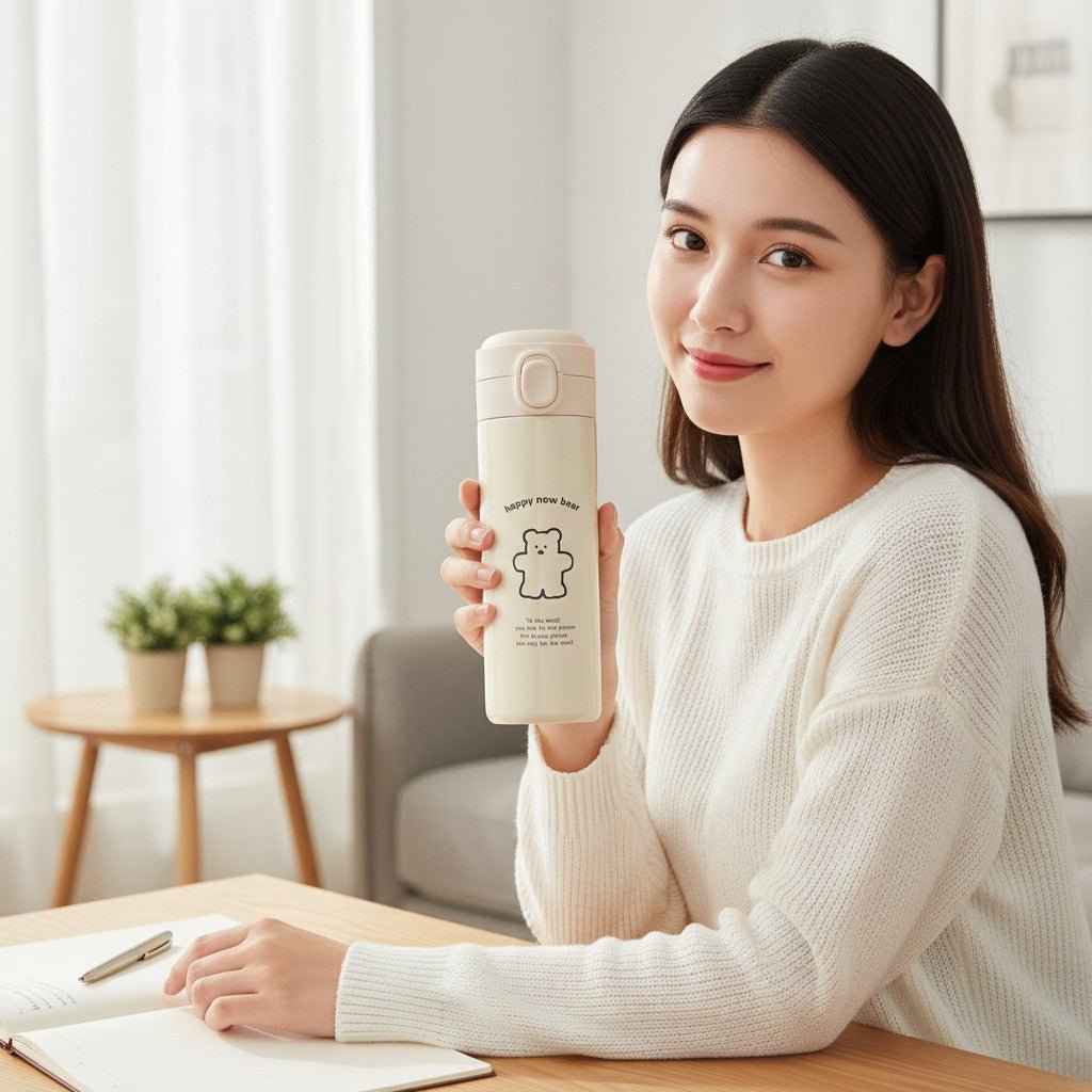 Kawaii Bear Travel Flask – Vacuum Insulated Tumbler with Flip-Top Lid