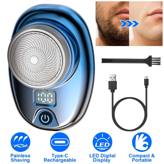 Blue portable electric shaver with round foil head and glowing LED display screen