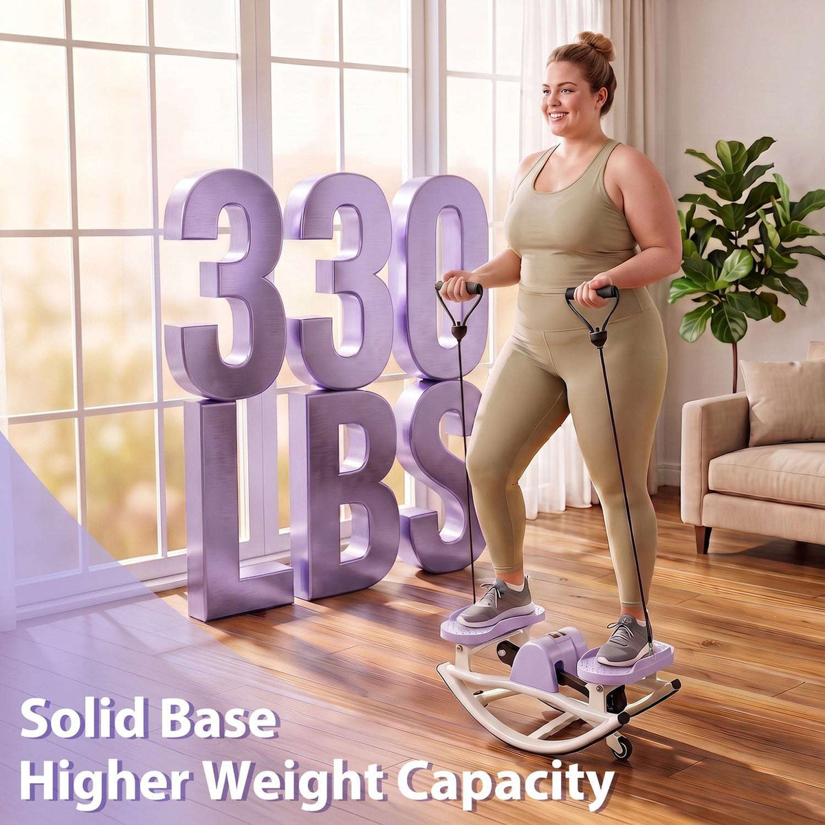 Lavender swing stepper with resistance bands and solid curved base